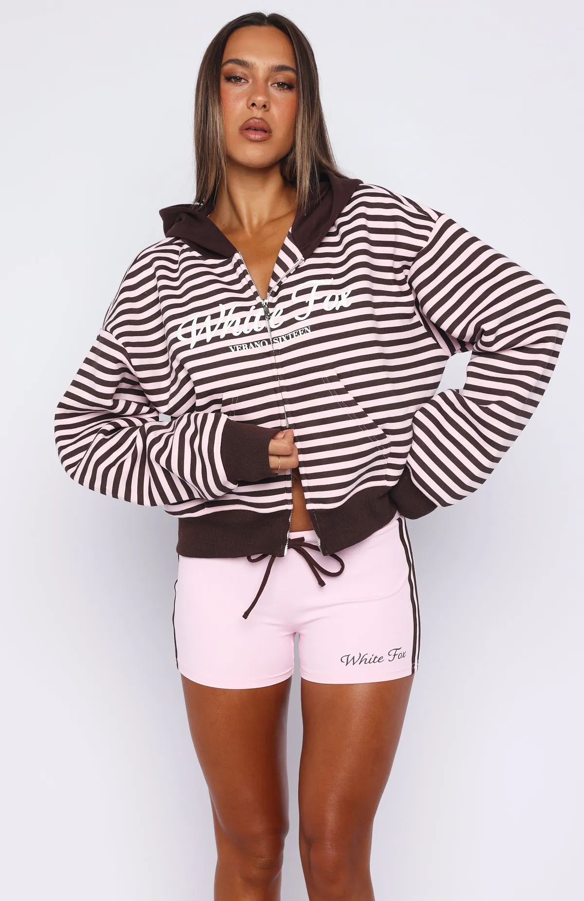 Verano Sixteen Maria Boxy Zip Front Hoodie Pink/Choc Stripe sold by White Fox Boutique product image thumbnail 2