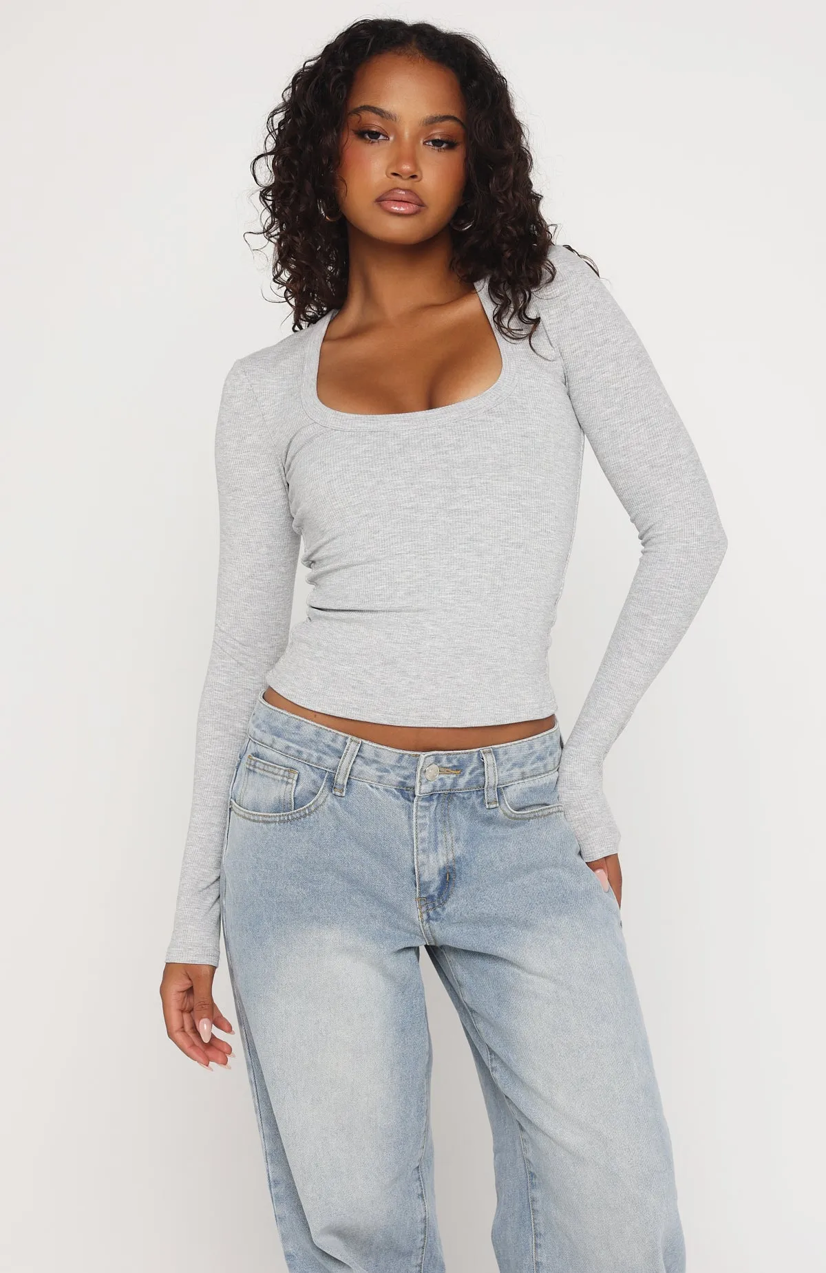 Serenade Her Ribbed Long Sleeve Top Light Grey Marle sold by White Fox Boutique product image thumbnail 2