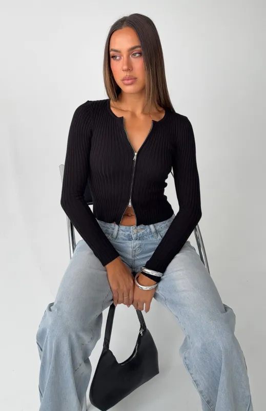 Fine Wine Long Sleeve Knit Top Black made by White Fox Boutique