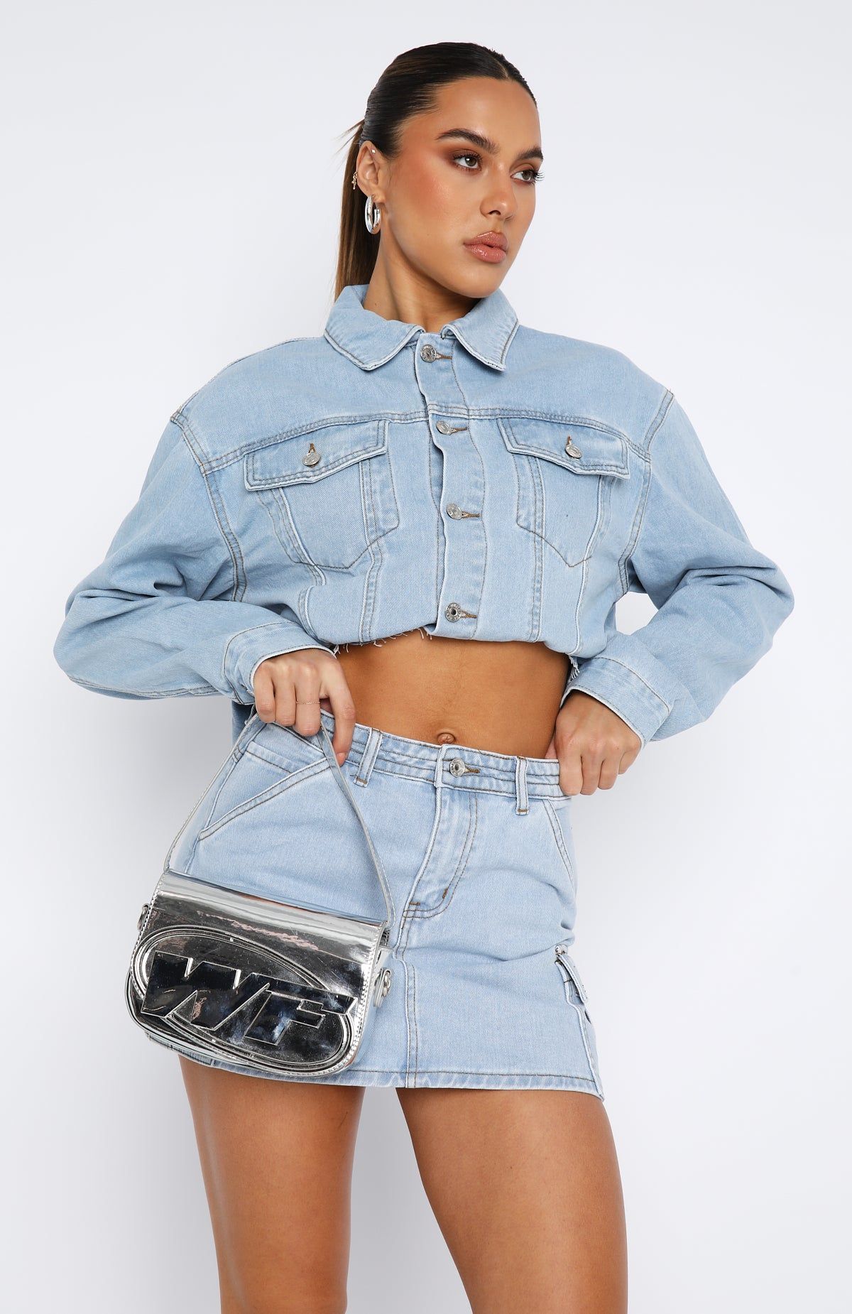 Only Want To Be With You Denim Mini Skirt Light Blue Wash sold by White Fox Boutique product image thumbnail 2