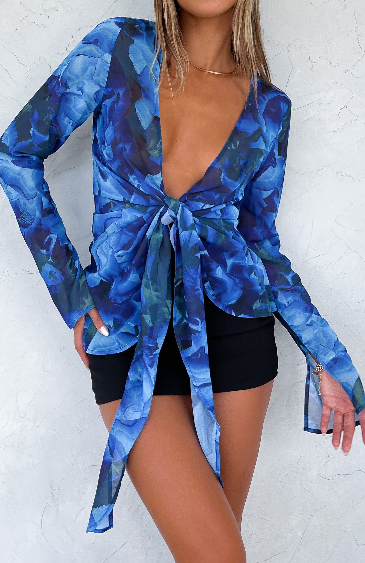 Admire Me Tie Front Long Sleeve Top Luminescent Floral sold by White Fox Boutique