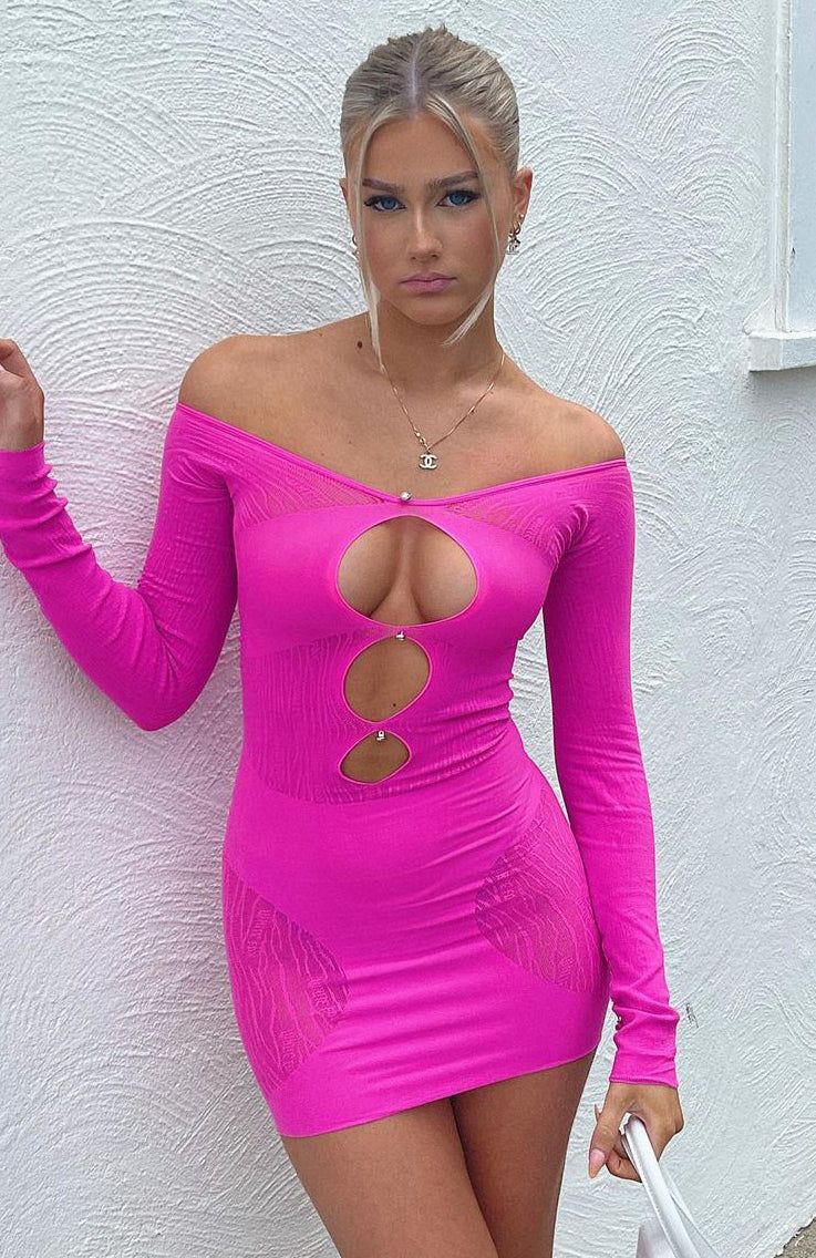 One Of A Kind Long Sleeve Mini Dress Hot Pink sold by White Fox Boutique