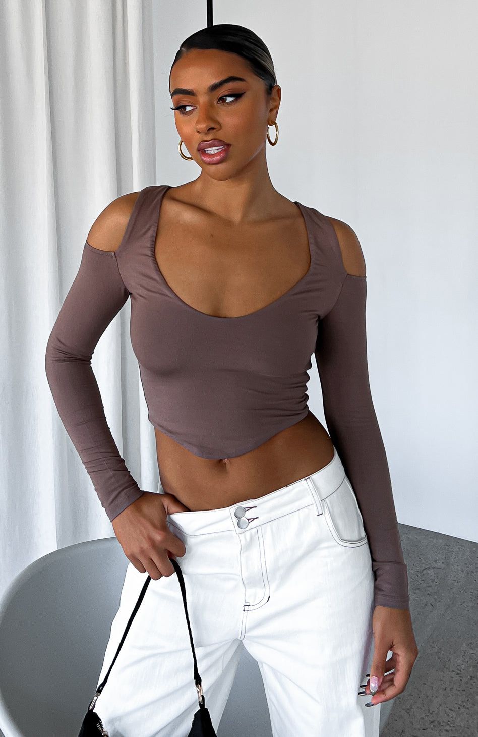 On Time Long Sleeve Crop Mocha sold by White Fox Boutique