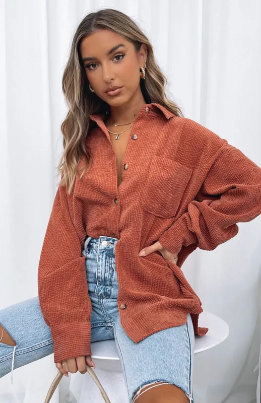 Out And About Cord Long Sleeve Shirt Rust sold by White Fox Boutique