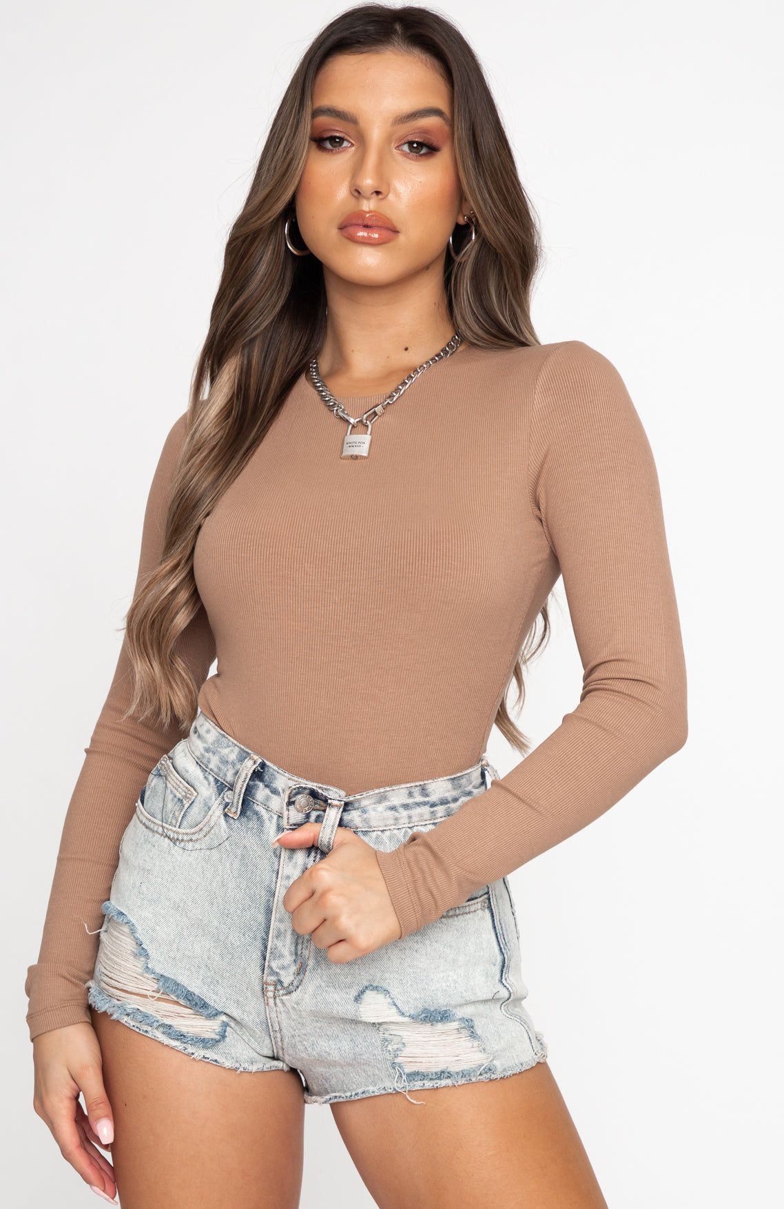 Don't Blame Me Long Sleeve Ribbed Bodysuit Mocha sold by White Fox Boutique product image thumbnail 4