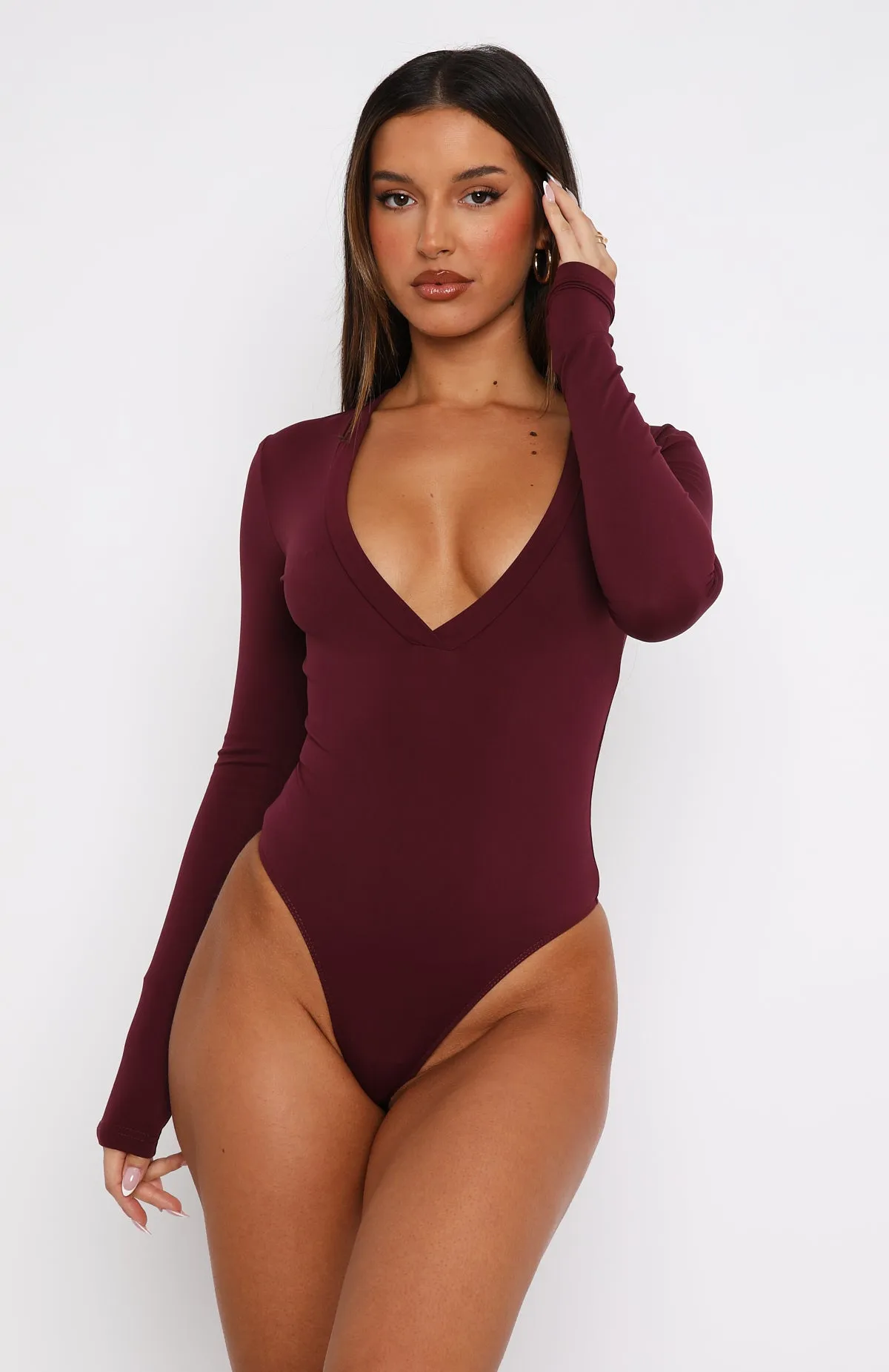 Just Be Yourself Long Sleeve Bodysuit Burgundy sold by White Fox Boutique product image thumbnail 2