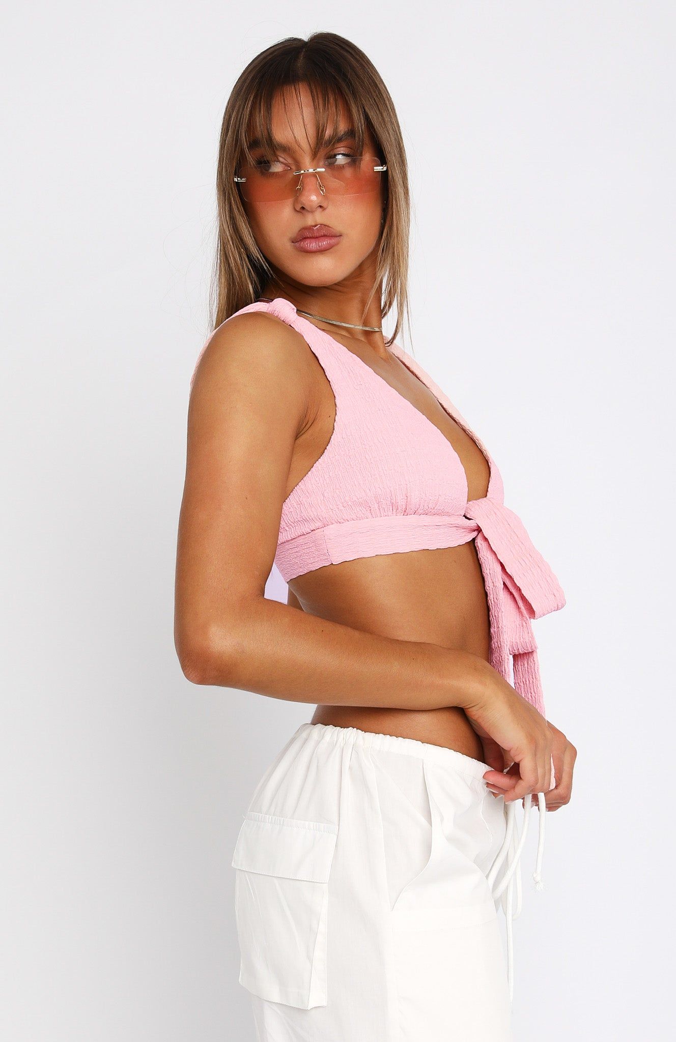 Falling Into You Tie Front Crop Baby Pink sold by White Fox Boutique product image thumbnail 3