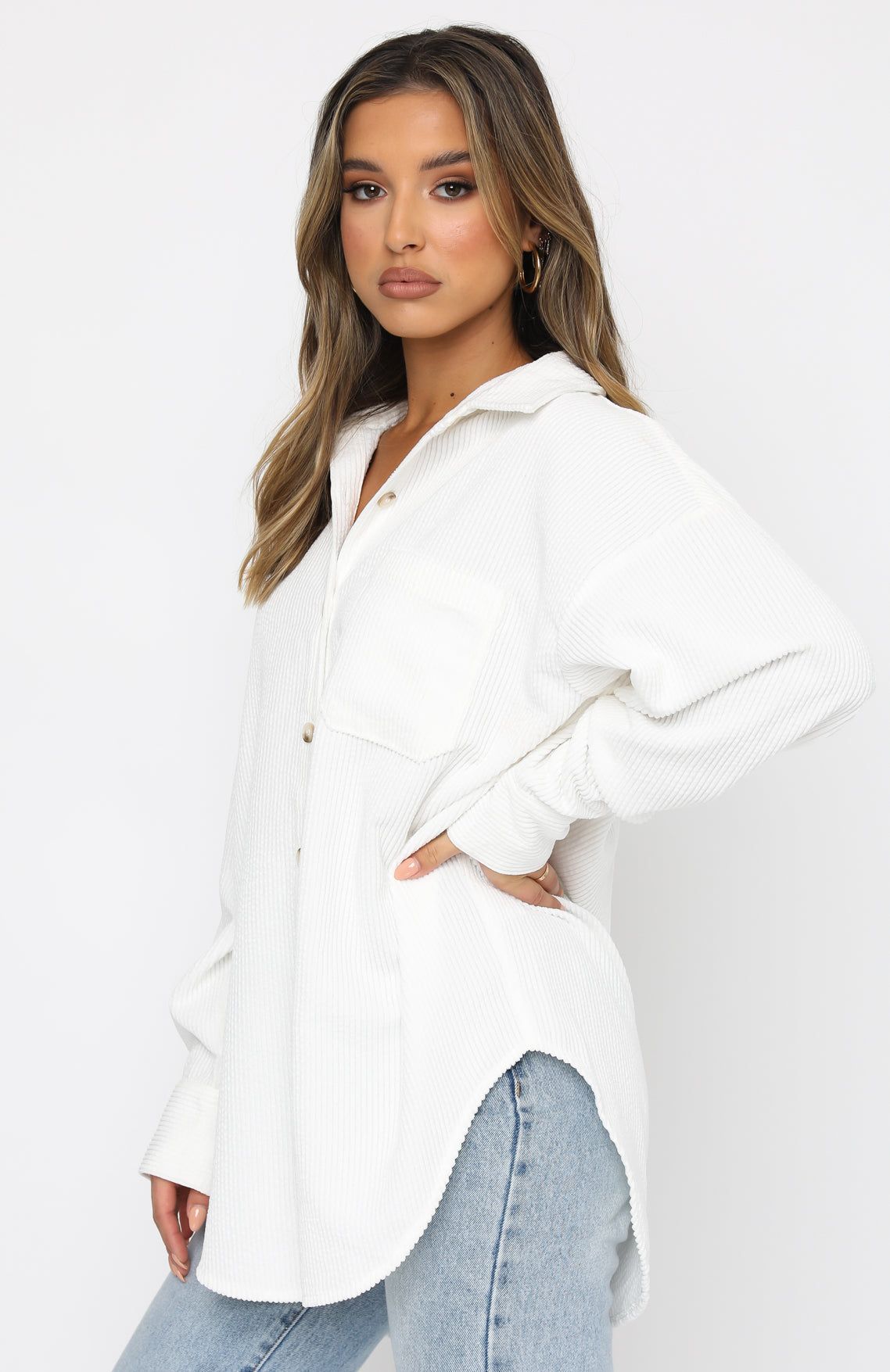 Out And About Cord Long Sleeve Shirt White sold by White Fox Boutique product image thumbnail 4