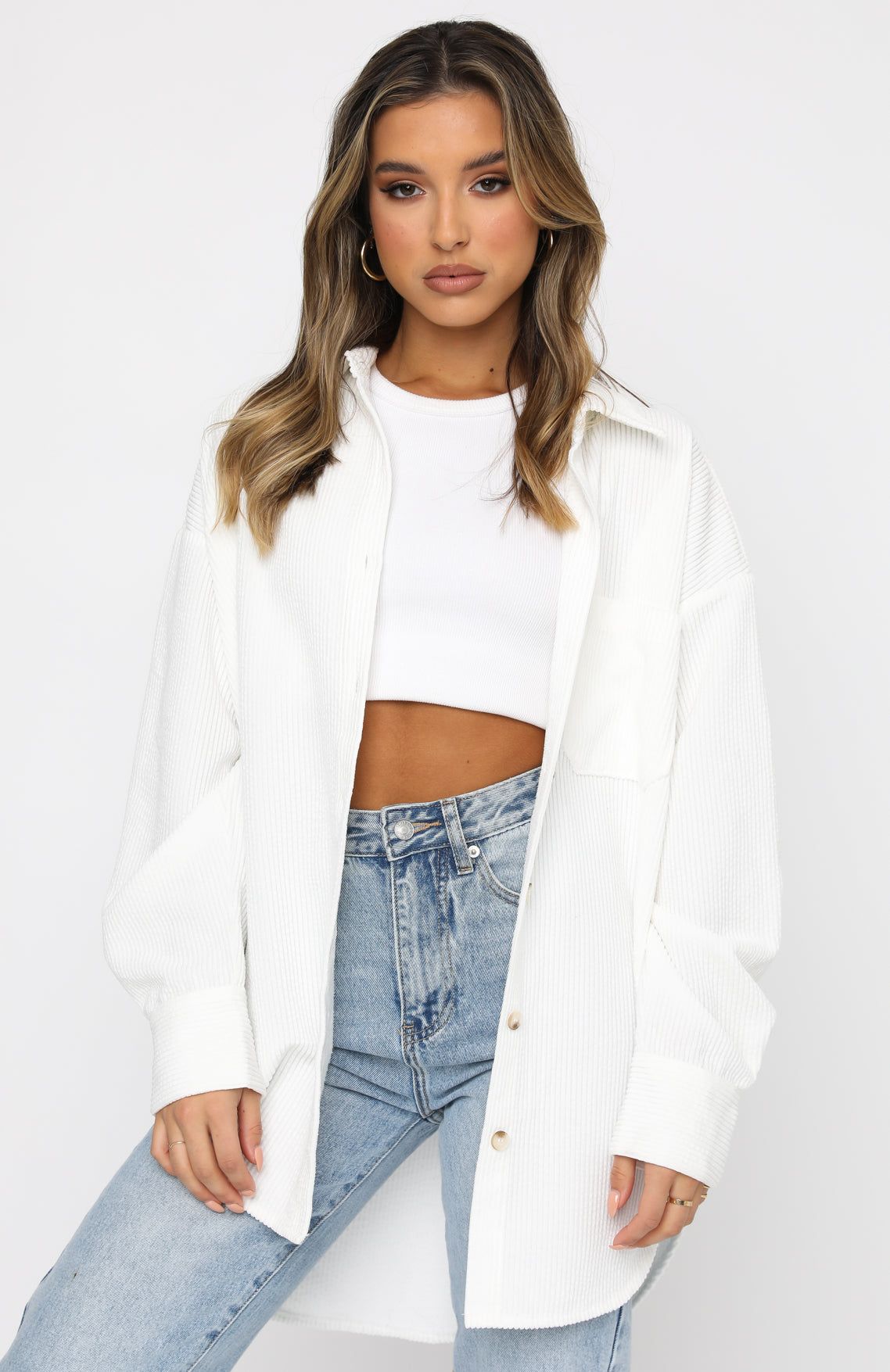 Out And About Cord Long Sleeve Shirt White sold by White Fox Boutique product image thumbnail 2