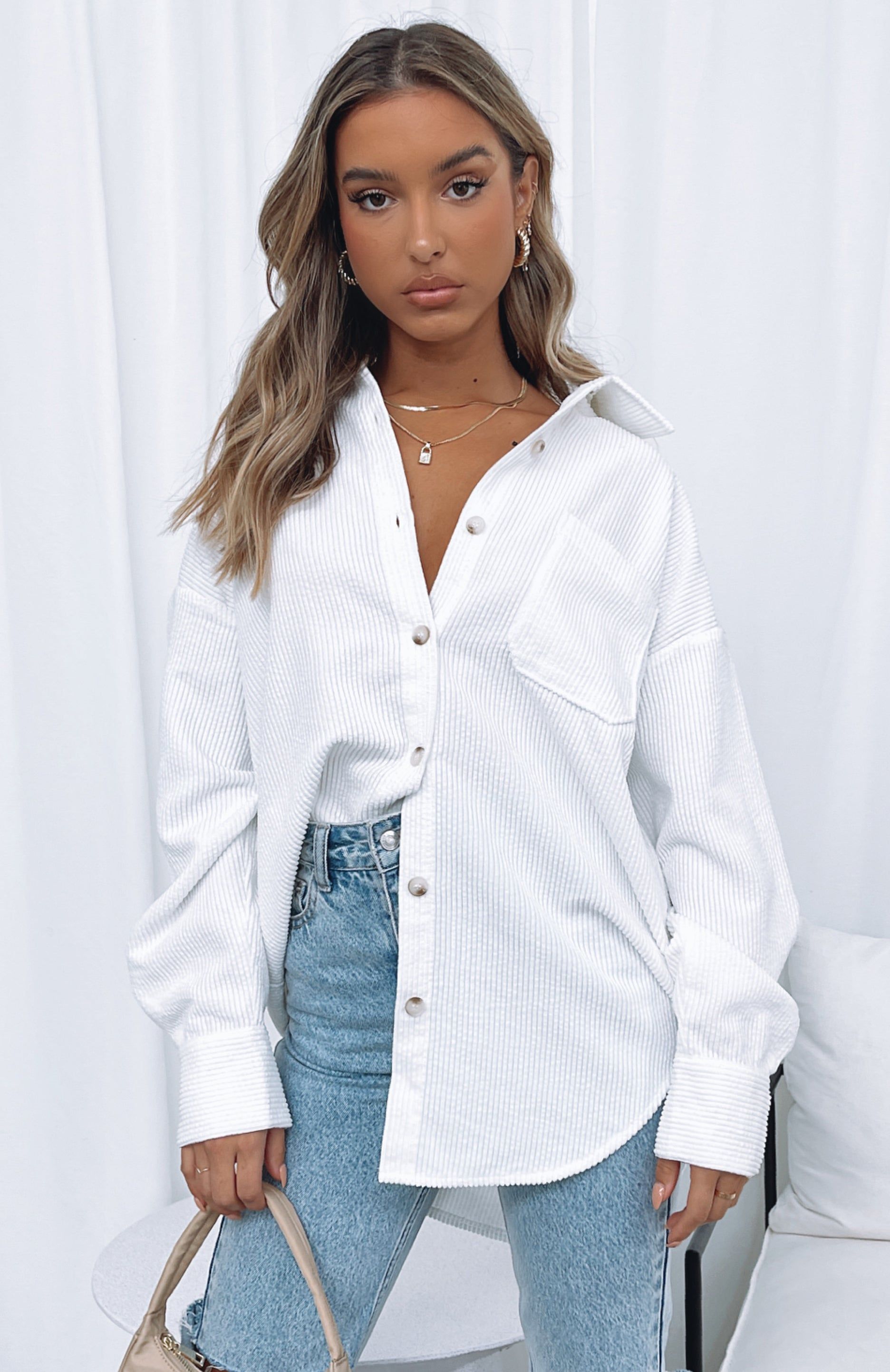 Out And About Cord Long Sleeve Shirt White sold by White Fox Boutique