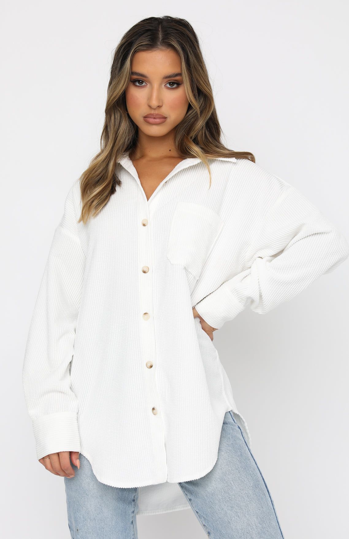 Out And About Cord Long Sleeve Shirt White sold by White Fox Boutique product image thumbnail 3