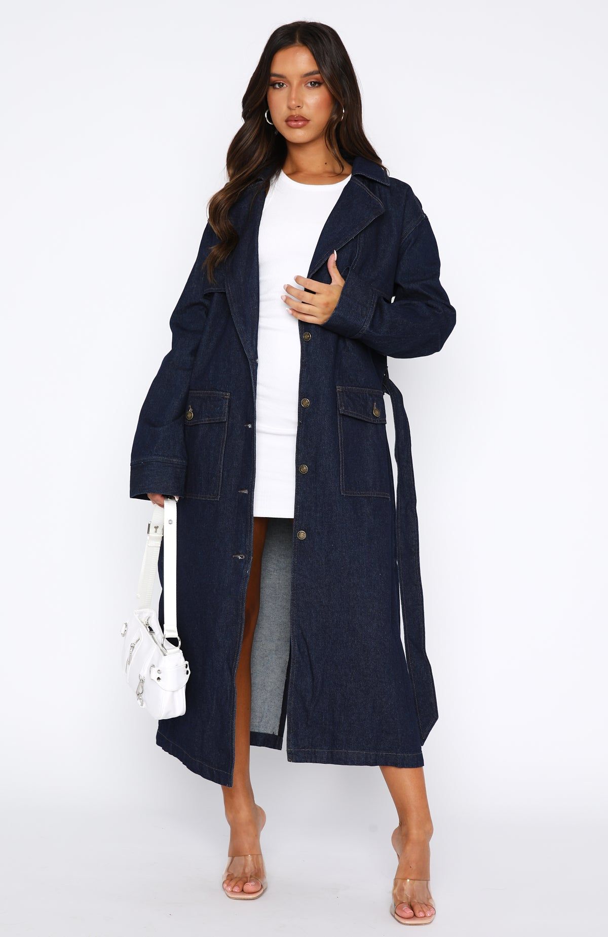 Switch Lanes Denim Trench Coat Dark Denim sold by White Fox Boutique product image thumbnail 2