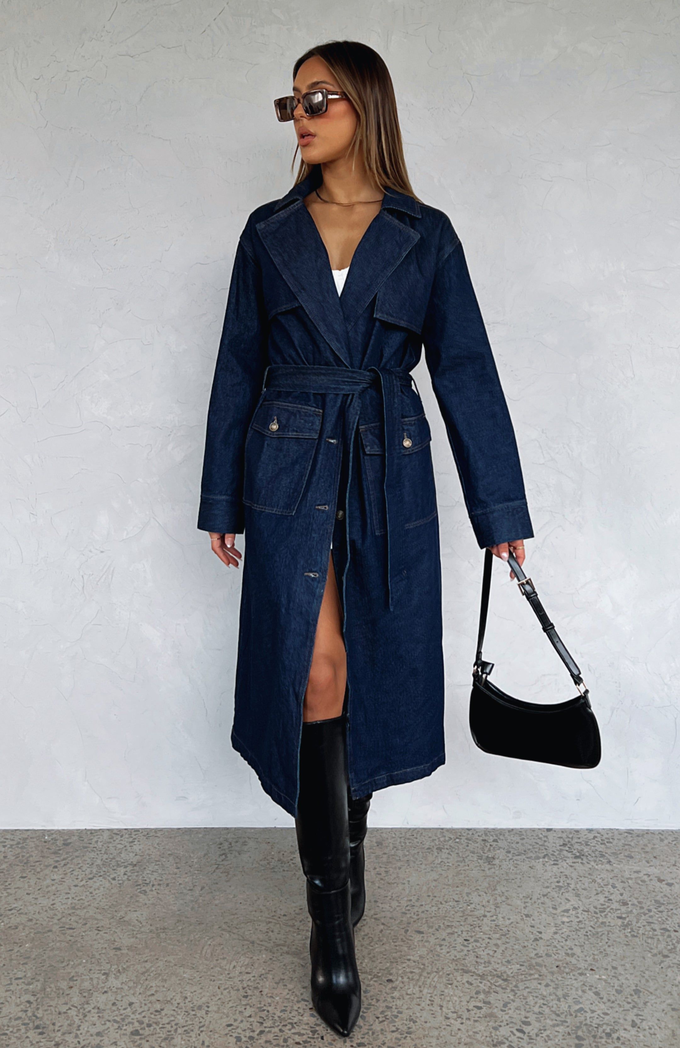 Switch Lanes Denim Trench Coat Dark Denim sold by White Fox Boutique