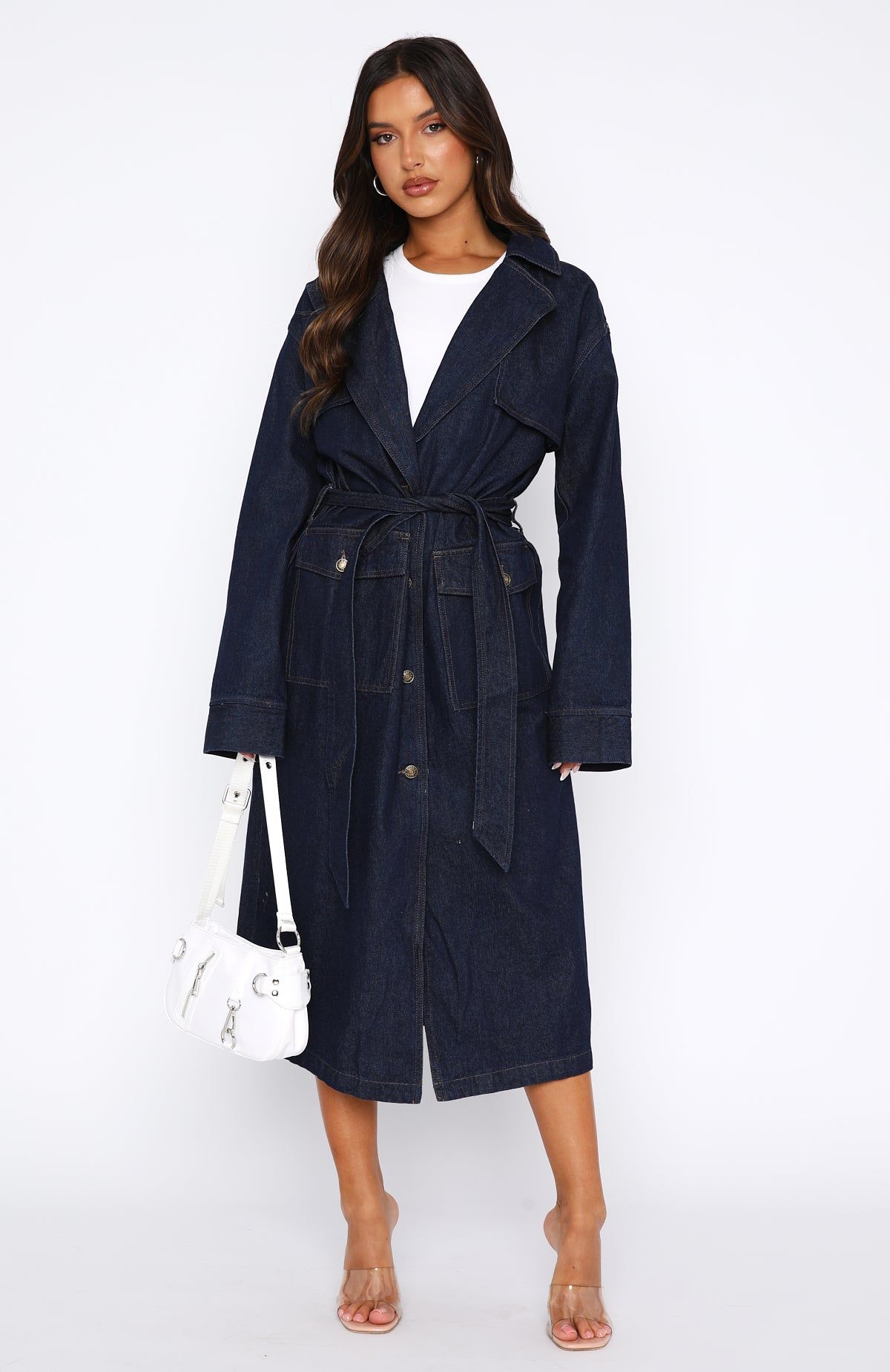 Switch Lanes Denim Trench Coat Dark Denim sold by White Fox Boutique product image thumbnail 3