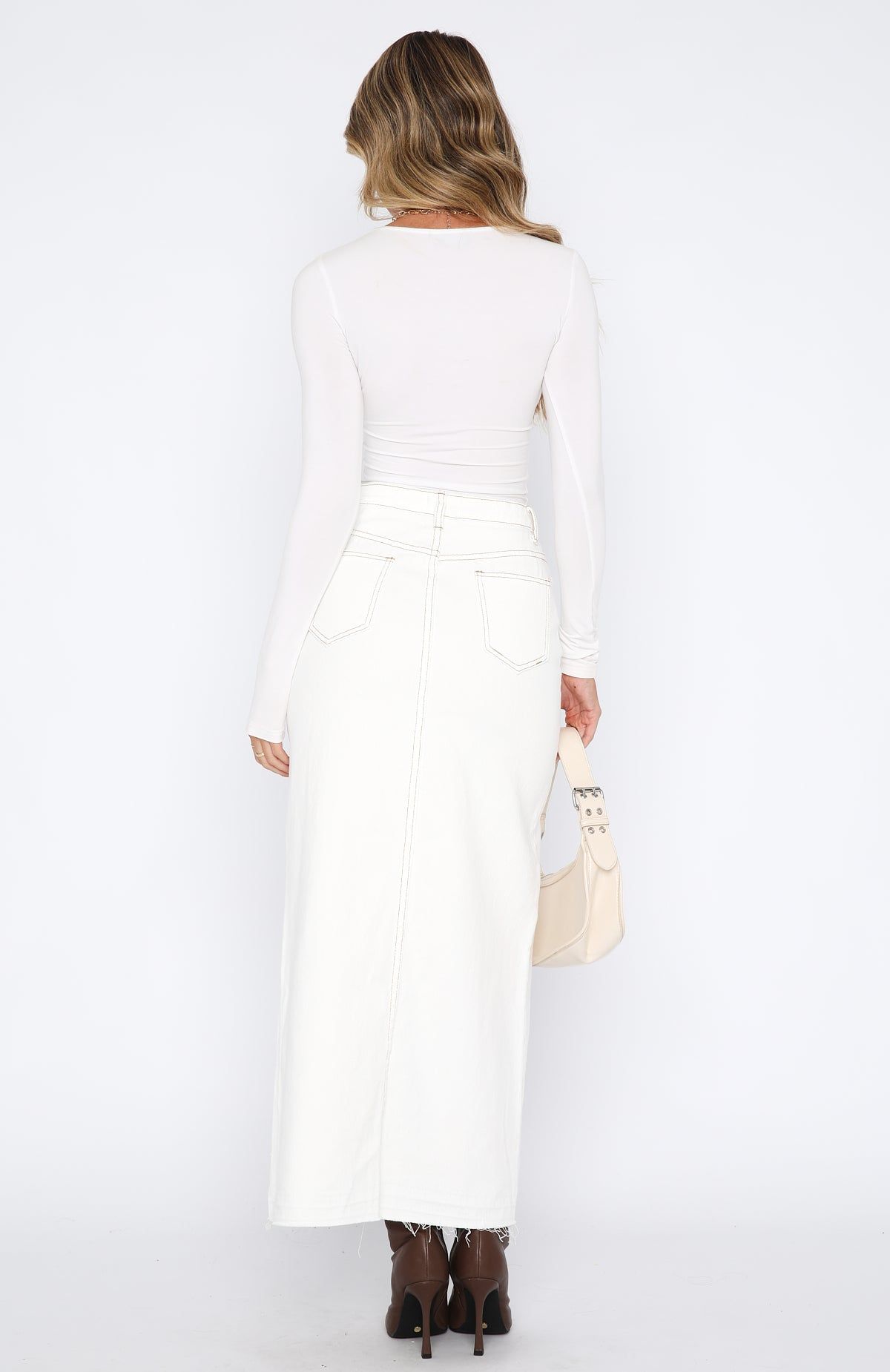 Take My Picture Denim Maxi Skirt Off White sold by White Fox Boutique product image thumbnail 4