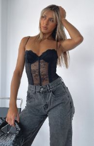 Keep Them Waiting Lace Bodysuit Black sold by White Fox Boutique