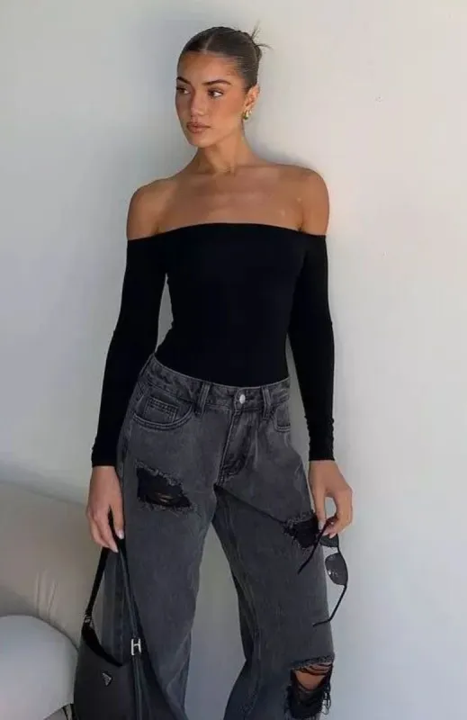 Lose My Mind Long Sleeve Bodysuit Black sold by White Fox Boutique