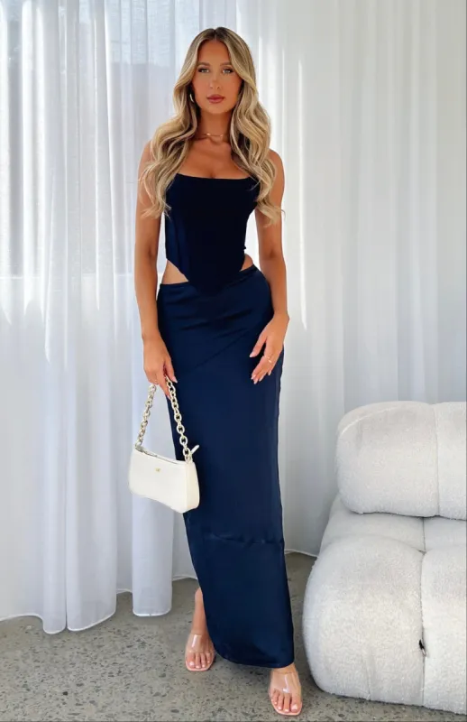 Come As You Are Satin Maxi Skirt Navy sold by White Fox Boutique