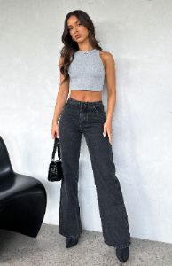 In Heaven Mid Rise Straight Leg Jeans Black Acid Wash sold by White Fox Boutique