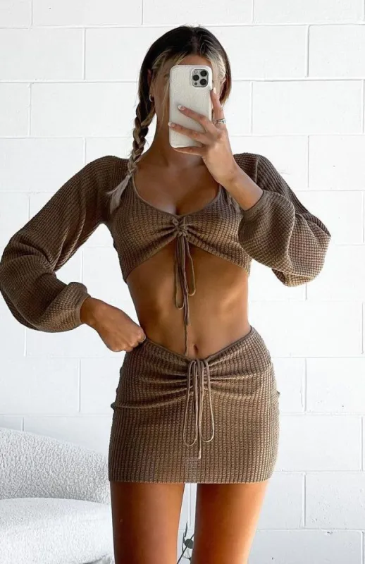 Undiscovered Mini Skirt Chocolate sold by White Fox Boutique