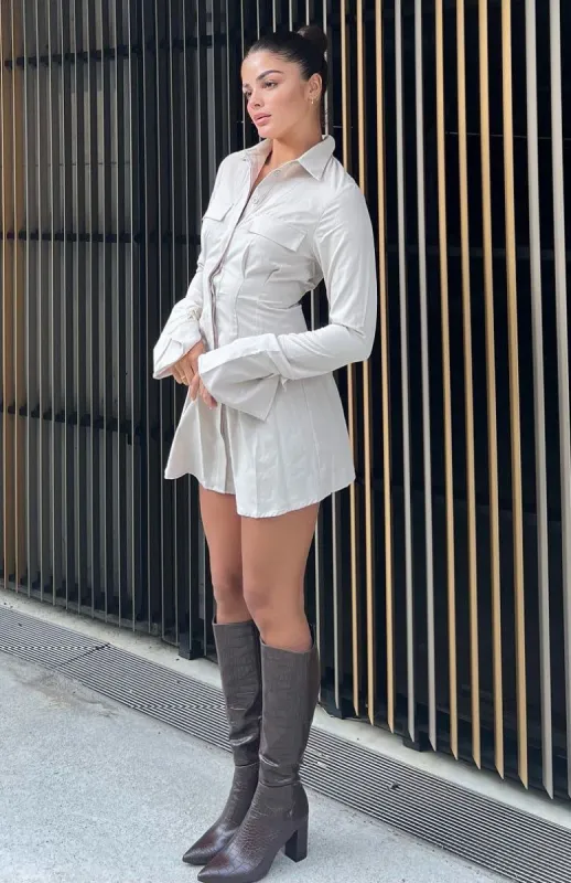 Stay The Night Long Sleeve Mini Dress Taupe sold by White Fox Boutique