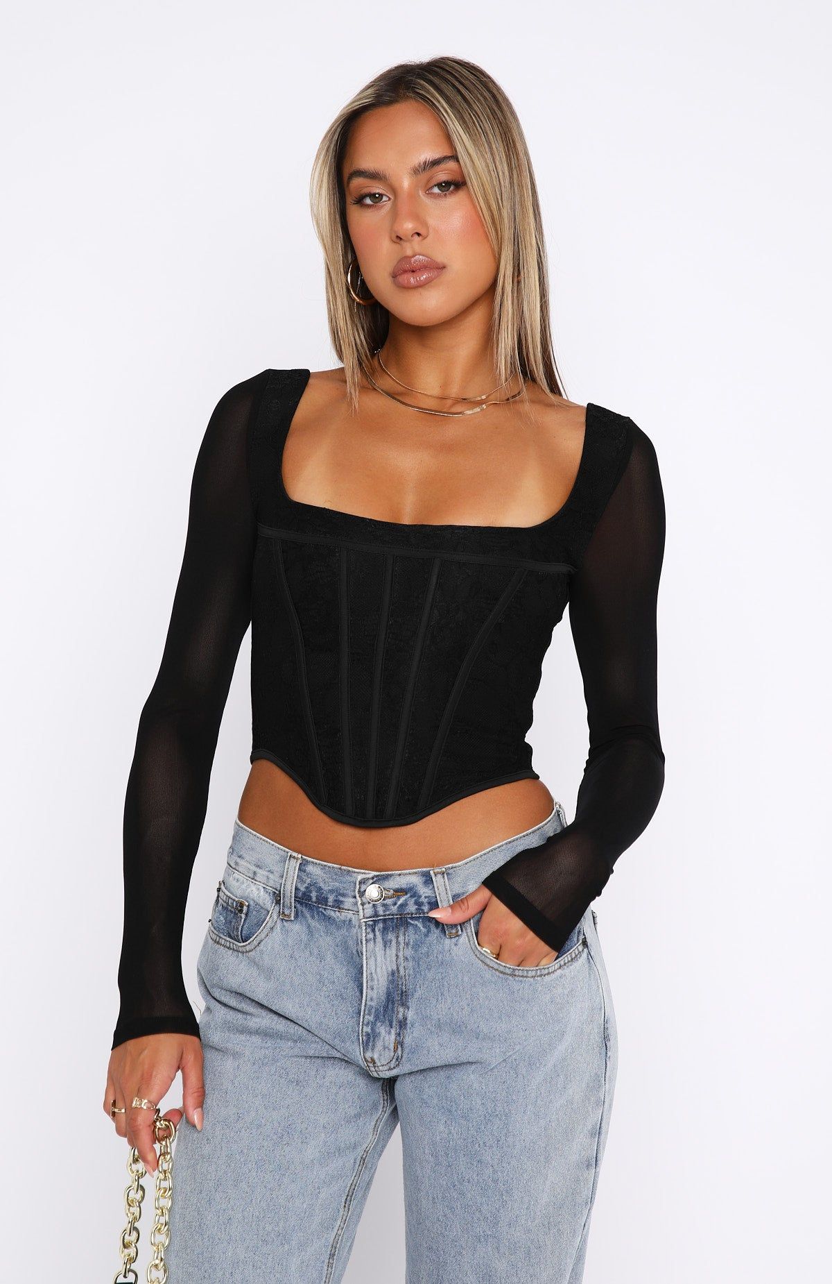 Met In The South Long Sleeve Lace Bustier Black sold by White Fox Boutique product image thumbnail 2