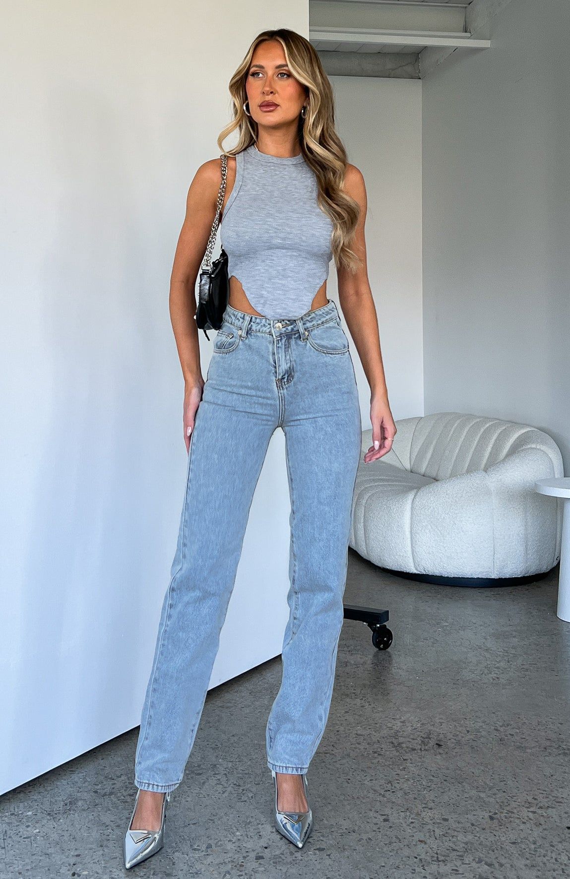 Let's Relax High Rise Slim Leg Jeans Light Blue Wash sold by White Fox Boutique