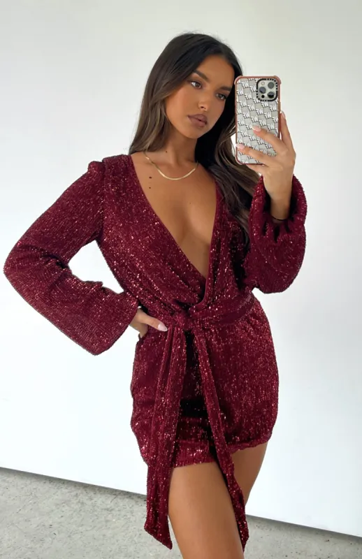 Stars Shining Long Sleeve Mini Dress Red Wine sold by White Fox Boutique