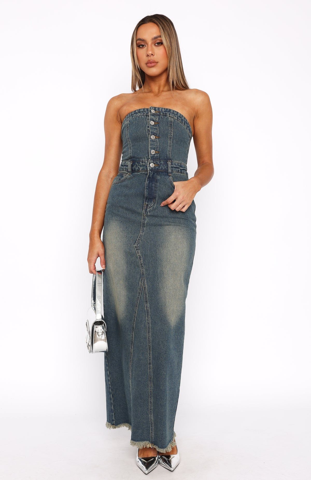 In The Moonlight Denim Maxi Dress Brown Blue Acid Wash sold by White Fox Boutique product image thumbnail 2
