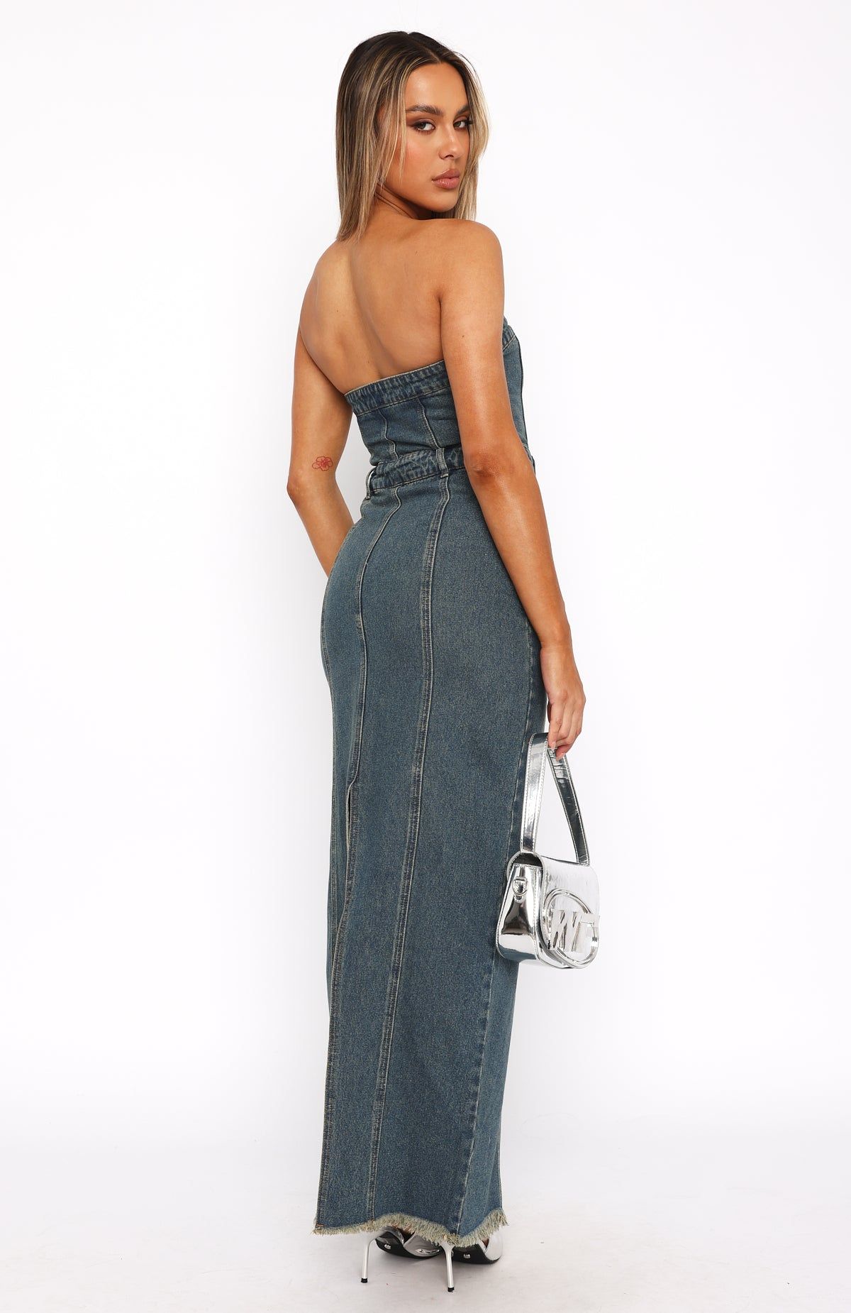 In The Moonlight Denim Maxi Dress Brown Blue Acid Wash sold by White Fox Boutique product image thumbnail 4