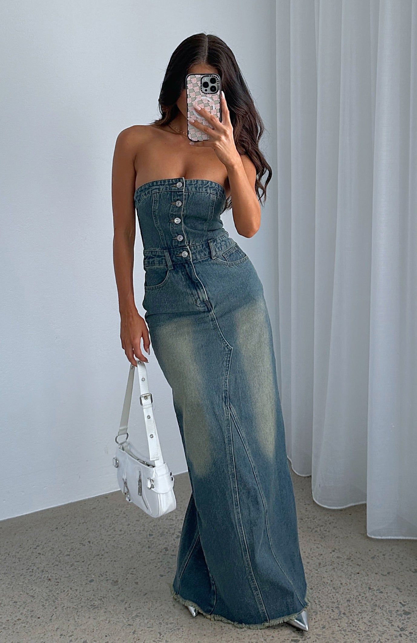 In The Moonlight Denim Maxi Dress Brown Blue Acid Wash sold by White Fox Boutique product image thumbnail 5