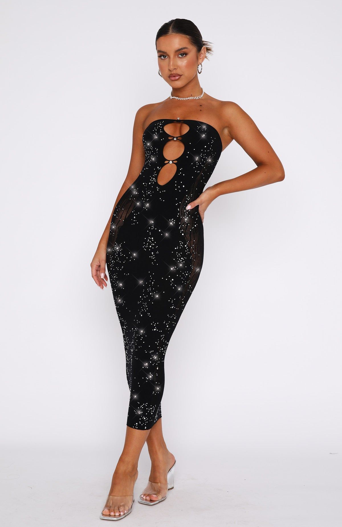 Main Character Strapless Diamante Midi Dress Black sold by White Fox Boutique product image thumbnail 2