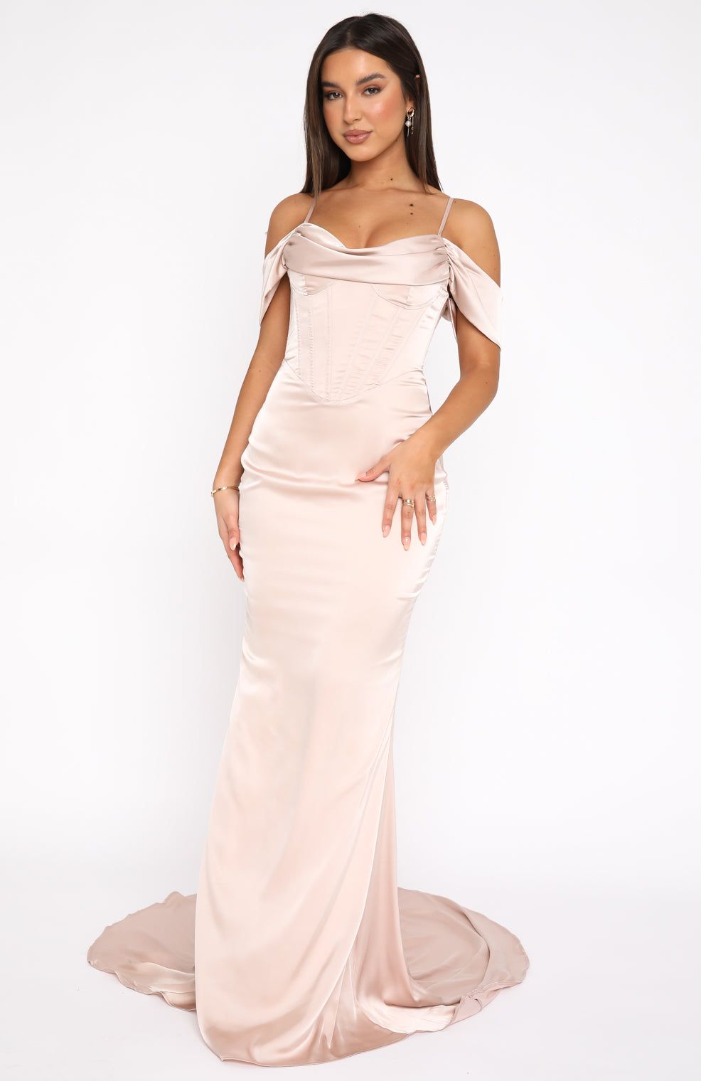 High Class Satin Maxi Dress Champagne sold by White Fox Boutique product image thumbnail 3