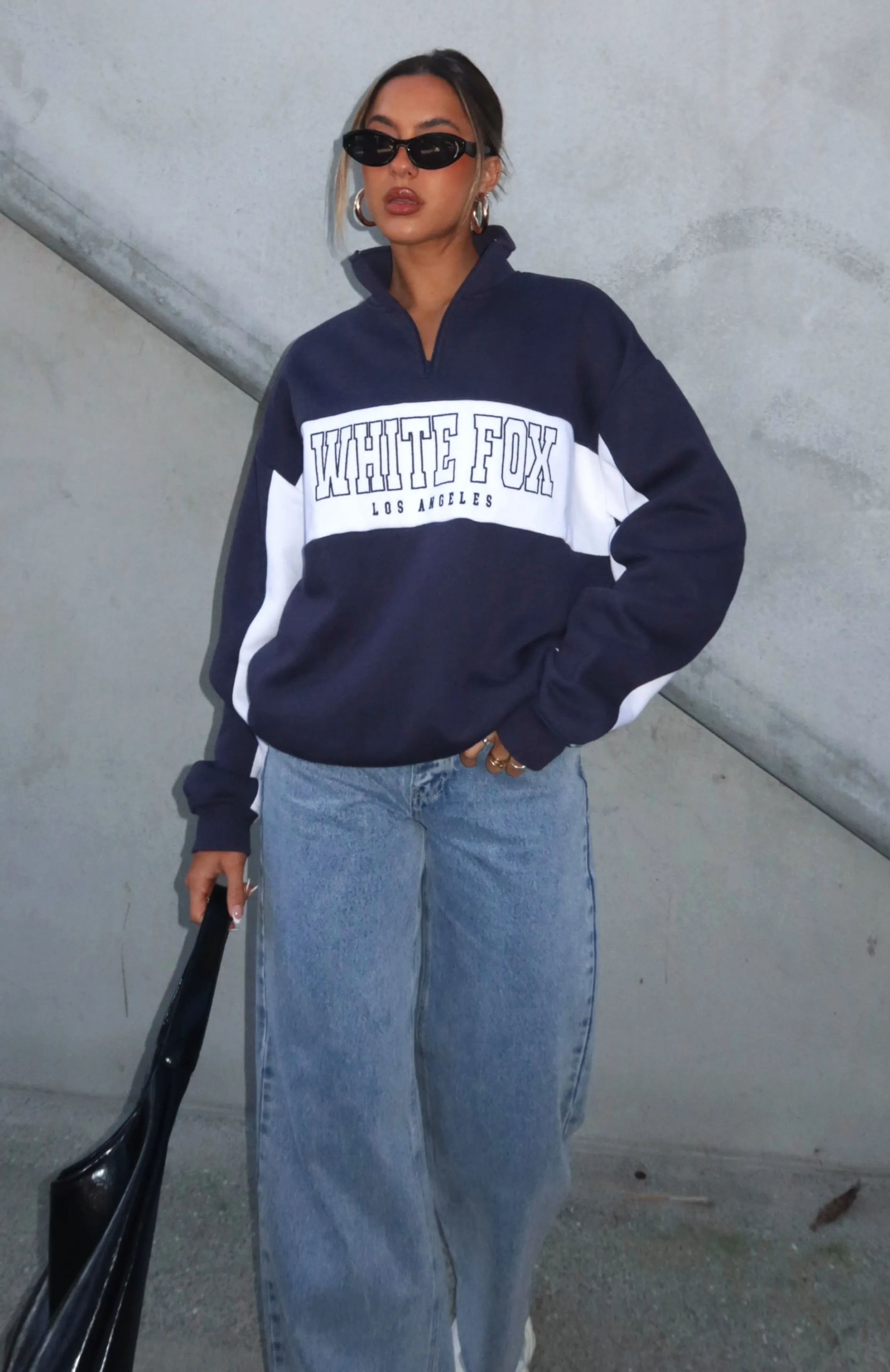 White Fox Boutique Jokes On You Zip Front Sweater Navy