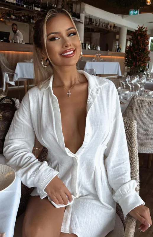 Feels Like A Holiday Long Sleeve Shirt Dress White made by White Fox Boutique