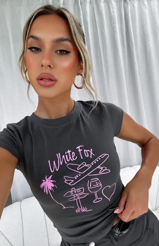 Vacay Pending Baby Tee Charcoal sold by White Fox Boutique