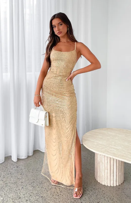 Shining Star Maxi Dress Gold sold by White Fox Boutique