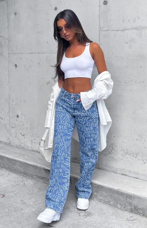 Sort Through It Mid Rise Straight Leg Printed Jeans Blue Wash sold by White Fox Boutique