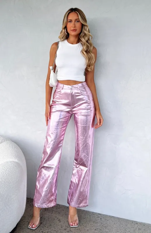 Push The Button Metallic PU Pants Baby Pink sold by White Fox Boutique