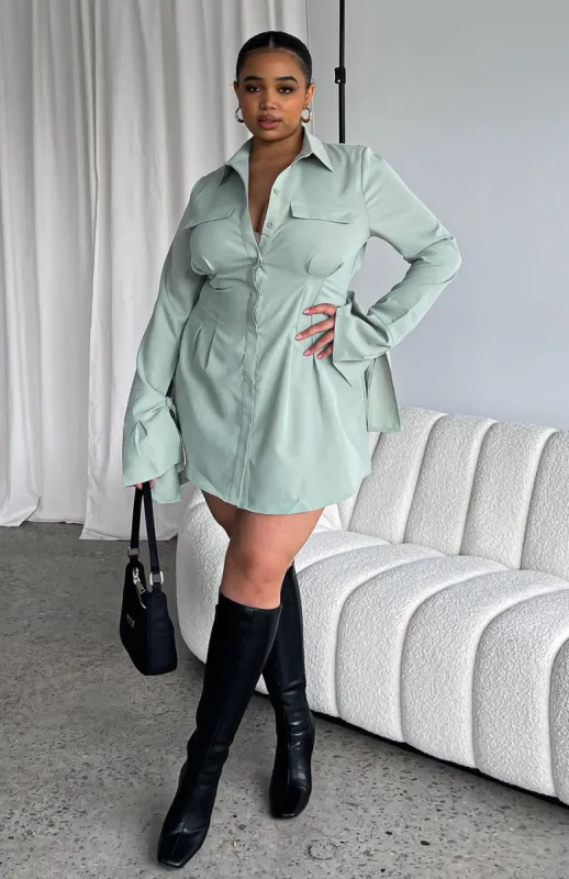 Stay The Night Long Sleeve Mini Dress Sage sold by White Fox Boutique