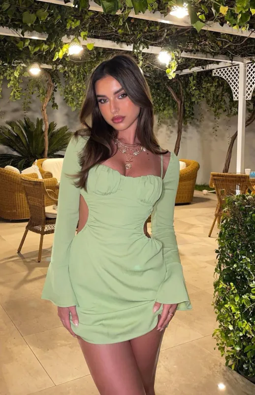 Please Hold Long Sleeve Mini Dress Matcha sold by White Fox Boutique