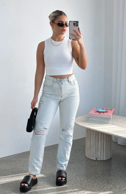 Piece Of Me High Rise Slim Leg Jeans Light Blue sold by White Fox Boutique