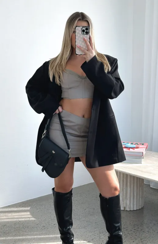 Small World Mini Skirt Mushroom Grey sold by White Fox Boutique