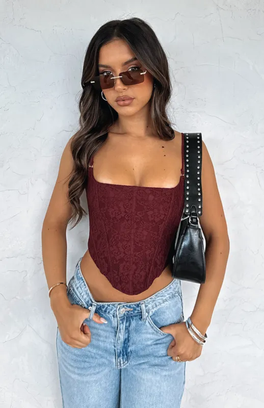 Out Of Luck Lace Bustier Wine sold by White Fox Boutique