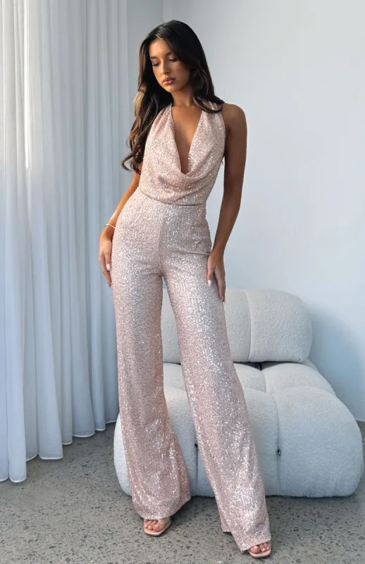 Penthouse View Sequin Jumpsuit Champagne sold by White Fox Boutique