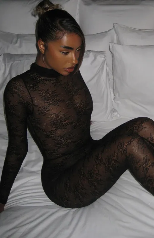 All Your Sins Long Sleeve Lace Jumpsuit Black made by White Fox Boutique