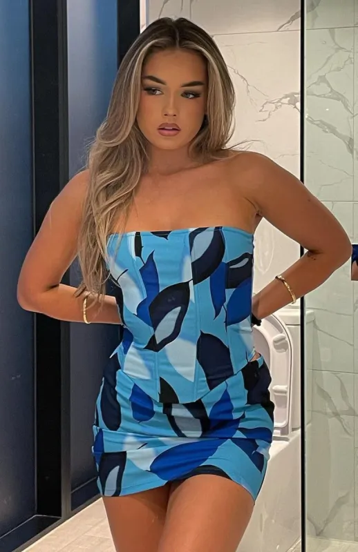 Count Me In Bustier Blue Leaf Print sold by White Fox Boutique