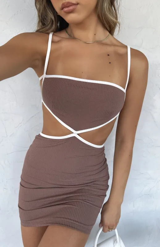 Work My Magic Ribbed Mini Dress Chocolate sold by White Fox Boutique