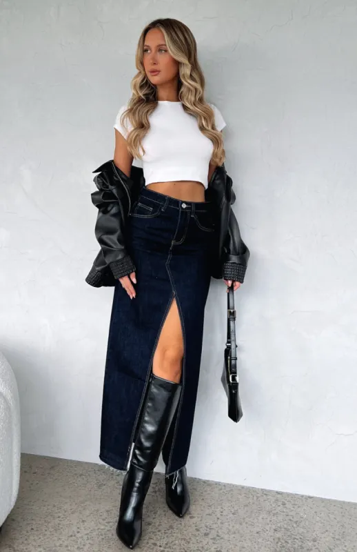 Take My Picture Denim Maxi Skirt Dark Wash sold by White Fox Boutique