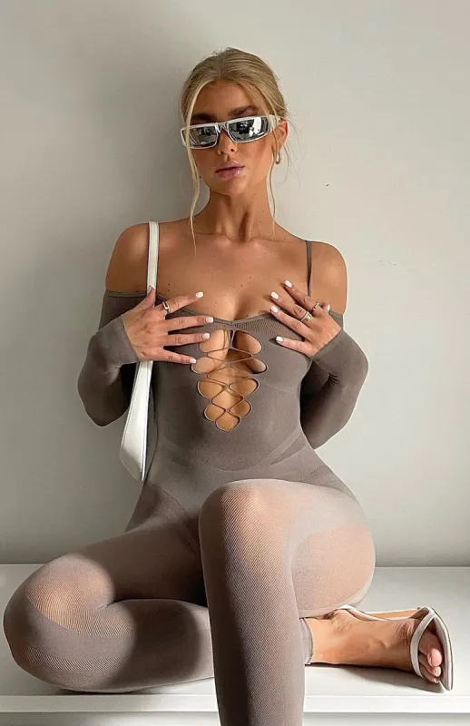 Staying Snatched Long Sleeve Jumpsuit Mushroom sold by White Fox Boutique